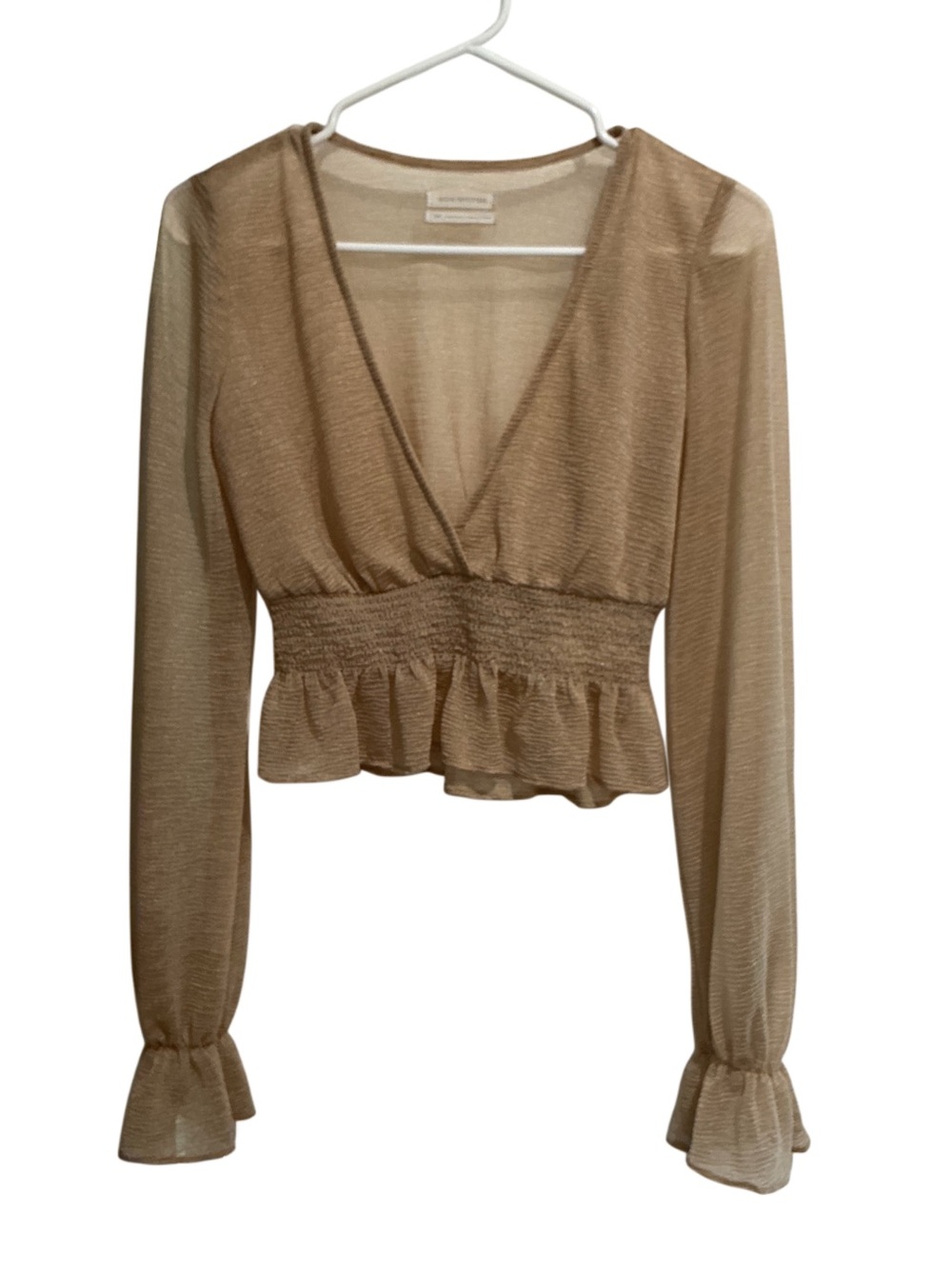 Urban Outfitters Gold Metallic Crinkle Sheer V-Neck Ruffle Hem Long Sleeve Top